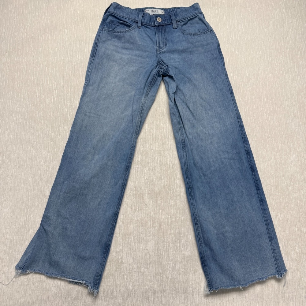 Hollister Low Rise Baggy Wide Leg Jeans Womens XS Blue Denim Cotton Frayed Hem
